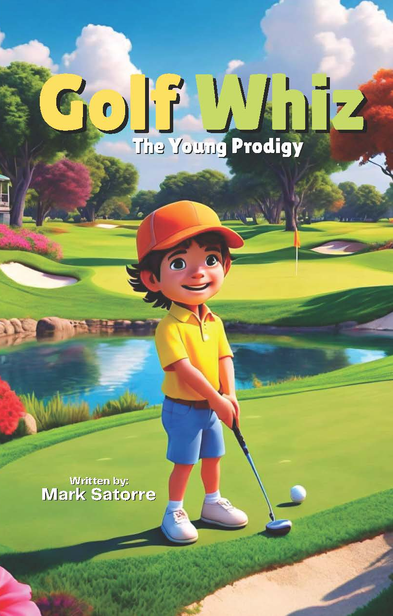 Cover of 'Golf Whiz: The Young Prodigy,' featuring an animated illustration of a young golfer swinging a club on a green golf course. The golfer wears a determined expression, with spectators watching in awe. The title is prominently displayed at the top, surrounded by vibrant colors.