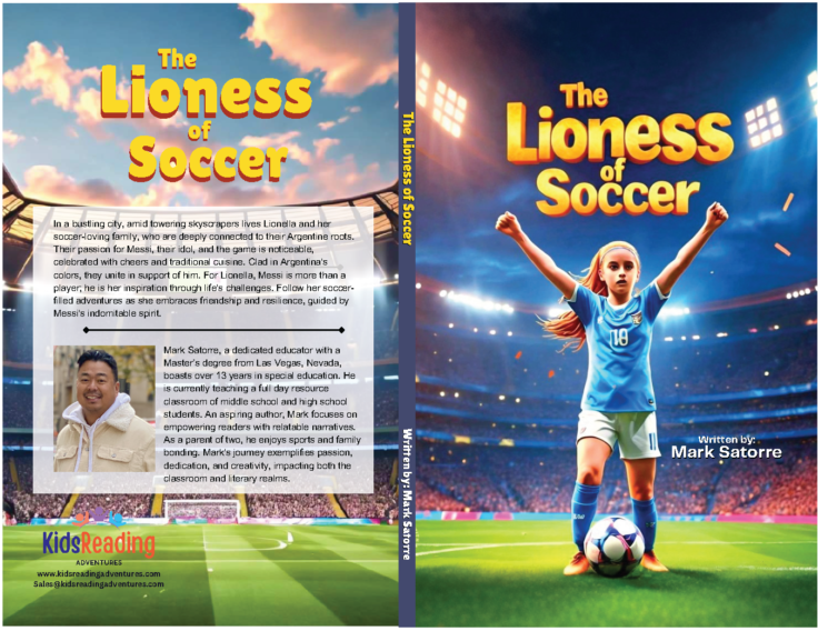 Cover of 'The Lioness of Soccer,' depicting an illustrated young girl wearing a soccer uniform with a ball at her feet. She stands confidently on a soccer field, with a determined expression, surrounded by cheering fans. The title is displayed prominently, with vibrant colors and imagery reflecting the girl's Argentinian heritage and love for Lionel Messi.