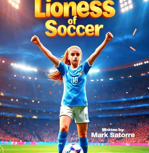 Cover of 'The Lioness of Soccer,' depicting an illustrated young girl wearing a soccer uniform with a ball at her feet. She stands confidently on a soccer field, with a determined expression, surrounded by cheering fans. The title is displayed prominently, with vibrant colors and imagery reflecting the girl's Argentinian heritage and love for Lionel Messi.
