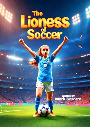 Cover of 'The Lioness of Soccer,' depicting an illustrated young girl wearing a soccer uniform with a ball at her feet. She stands confidently on a soccer field, with a determined expression, surrounded by cheering fans. The title is displayed prominently, with vibrant colors and imagery reflecting the girl's Argentinian heritage and love for Lionel Messi.