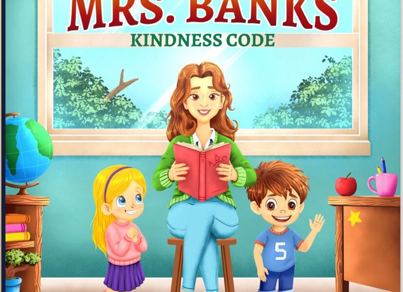 Cover of 'The Incredible Mrs. Banks: Kindness Code' featuring an illustrated depiction of Mrs. Banks, a smiling elderly woman, surrounded by children and animals in a vibrant park setting. Mrs. Banks holds a book titled 'Kindness Code' with a heart symbol on the cover. The title of the book is displayed prominently along with cheerful illustrations, conveying themes of kindness and community.