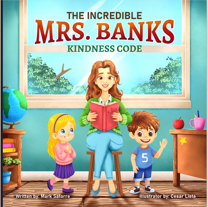 Cover of 'The Incredible Mrs. Banks: Kindness Code' featuring an illustrated depiction of Mrs. Banks, a smiling elderly woman, surrounded by children and animals in a vibrant park setting. Mrs. Banks holds a book titled 'Kindness Code' with a heart symbol on the cover. The title of the book is displayed prominently along with cheerful illustrations, conveying themes of kindness and community.