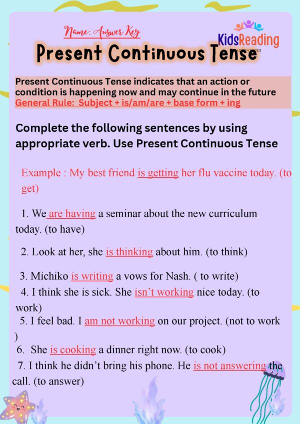 ELA 5 Present Tense, Past Tense, Future Tense, Present Continous Tense, Past Continues Tense.