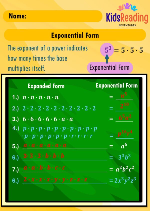Explore our downloadable PDF worksheets on the topic of "Properties of Exponents" from Kids Reading Adventures!